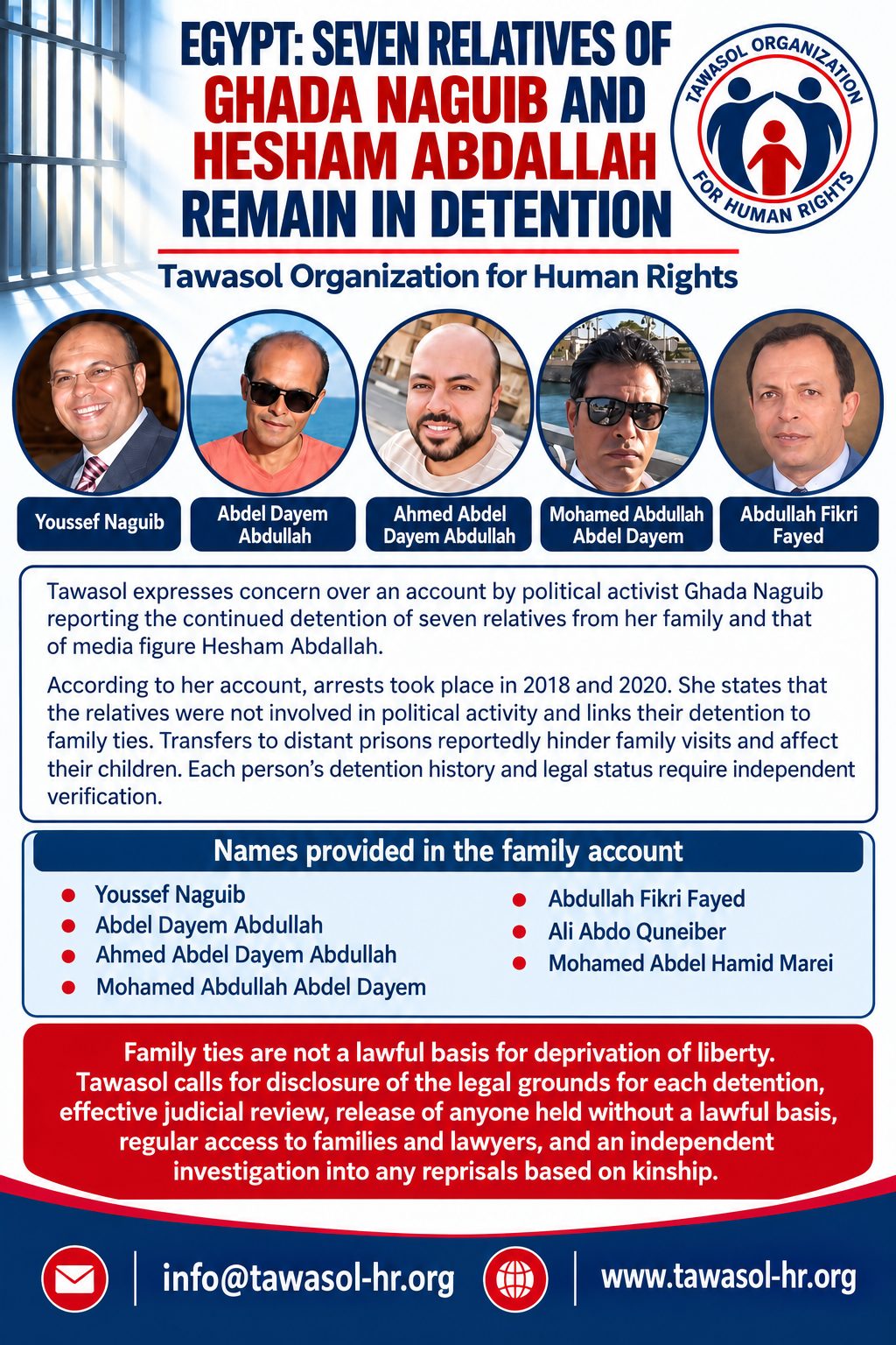 مصر: استمرار احتجاز سبعة من أقارب غادة نجيب وهشام عبدالله — Tawasol Organization for Human Rights