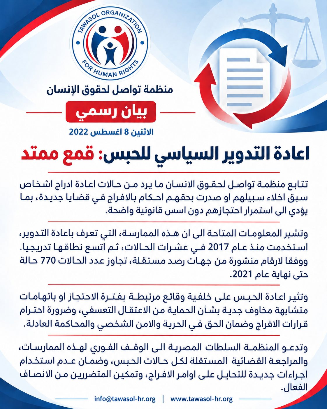اعادة التدوير السياسي للحبس: قمع ممتد — Tawasol Organization for Human Rights